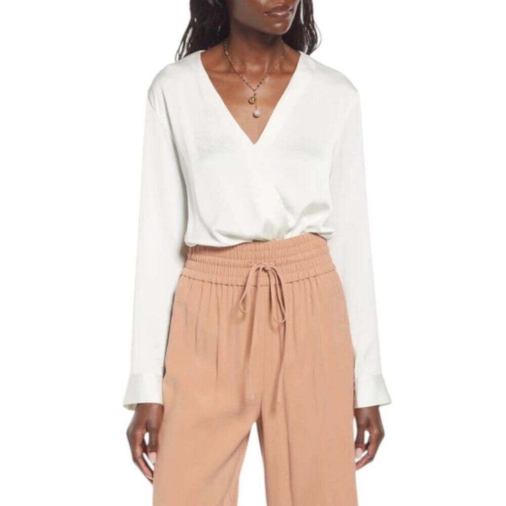 Open Edit Wrap Bodysuit Long Sleeve Ivory Size XS NWOT $59 MSRP